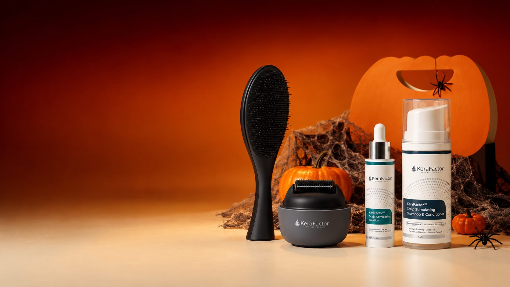 KeraFactor hair care products with Halloween pumpkins and spiders